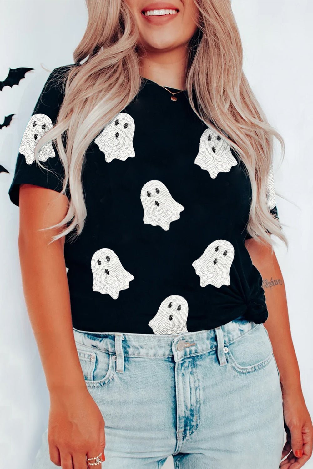 Black Halloween Ghost Sequins Patch Casual T Shirt - H&A Outlet