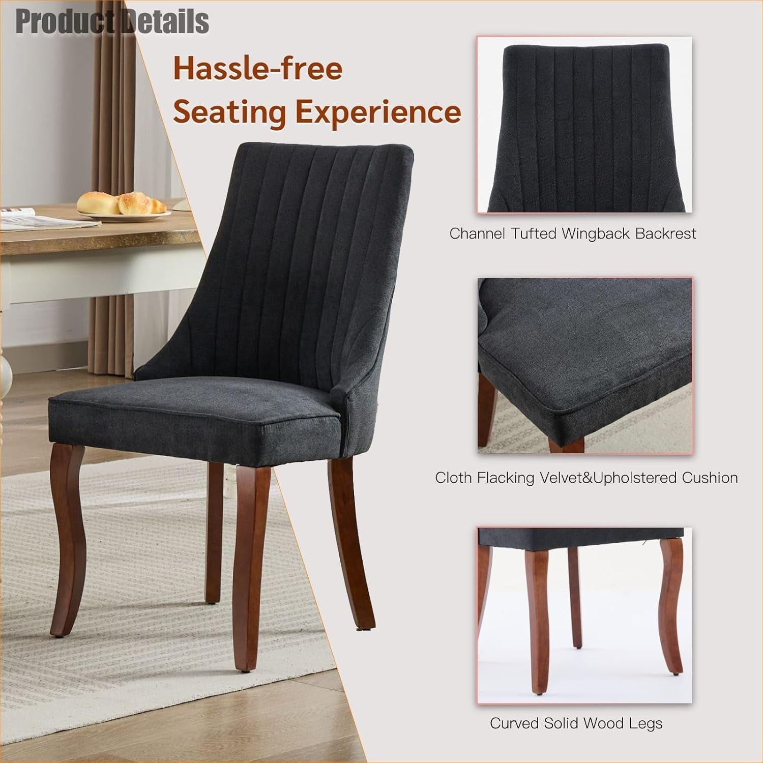 Velvet Dining Chairs Set of 4,Comfy Fabric Upholstered Accent Chairs for Kitchen Living Room,Channel Tufted Dining Room Chairs with Curved Solid Wood Legs(Black)