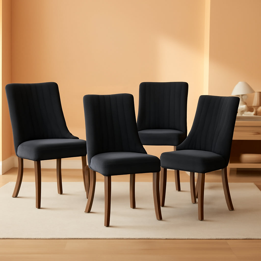 Velvet Dining Chairs Set of 4,Comfy Fabric Upholstered Accent Chairs for Kitchen Living Room,Channel Tufted Dining Room Chairs with Curved Solid Wood Legs(Black)