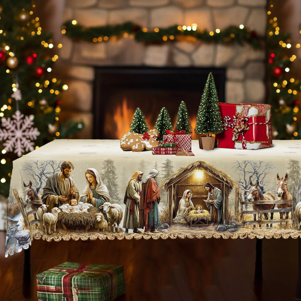 1Pc Christmas Tablecloth with Nativity Scene, Yule Home Party Decor - H&A Outlet