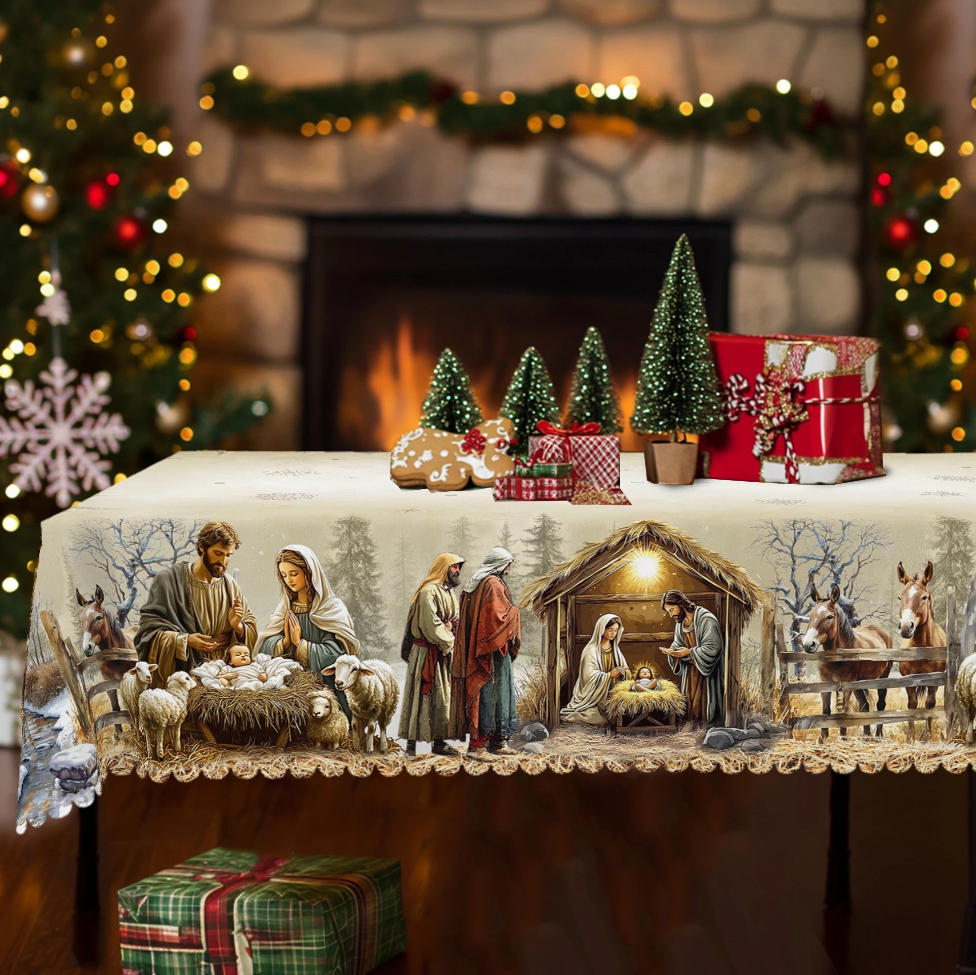 1Pc Christmas Tablecloth with Nativity Scene, Yule Home Party Decor - H&A Outlet