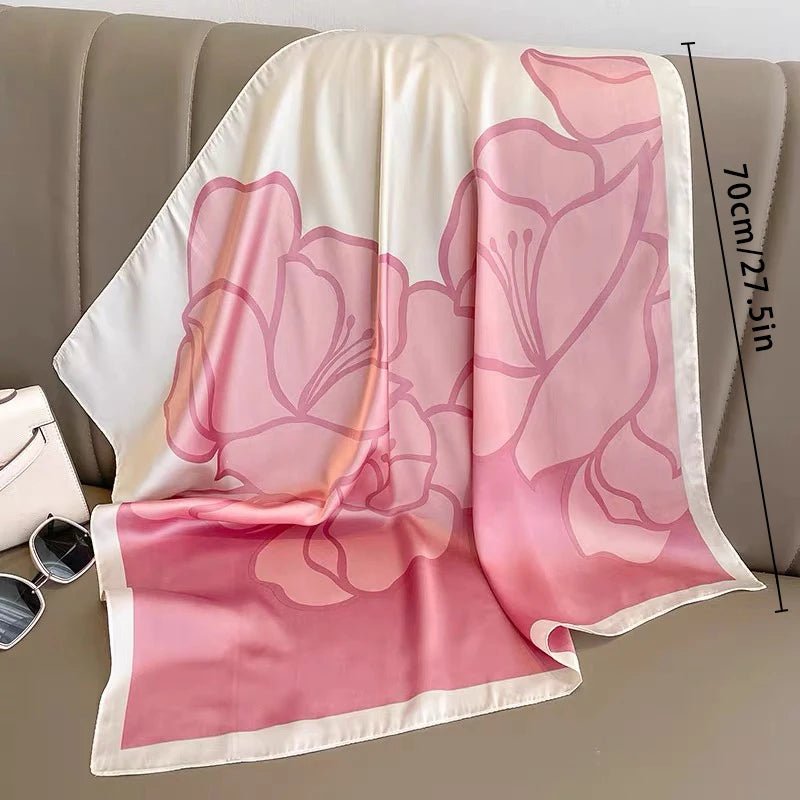 1pcs 70cm Pink Floral Silk Scarf for Women Simulated Silk Fresh and Elegant Versatile Headwear Clothing Bags and Square Scarf - H&A Outlet