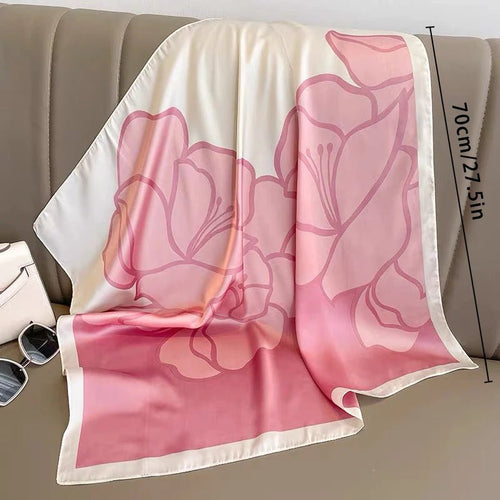 1pcs 70cm Pink Floral Silk Scarf for Women Simulated Silk Fresh and Elegant Versatile Headwear Clothing Bags and Square Scarf - H&A Outlet