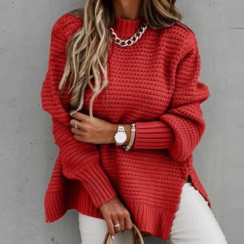 2024 New Loose Split Knitted Long Sleeve Thick Sweater Half High Neck - H&A Outlet