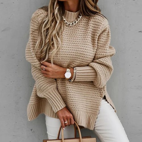 2024 New Loose Split Knitted Long Sleeve Thick Sweater Half High Neck - H&A Outlet