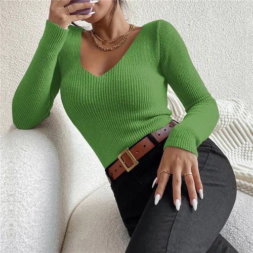 2025 Autumn Winter Women Solid Rib Knit V Neck Stripe Pull Sweater - H&A Outlet