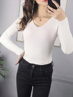 2025 Autumn Winter Women Solid Rib Knit V Neck Stripe Pull Sweater - H&A Outlet