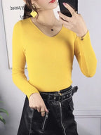 2025 Autumn Winter Women Solid Rib Knit V Neck Stripe Pull Sweater - H&A Outlet