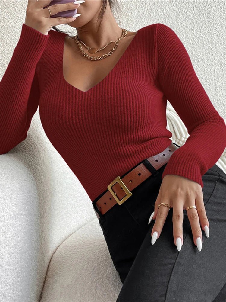2025 Autumn Winter Women Solid Rib Knit V Neck Stripe Pull Sweater - H&A Outlet