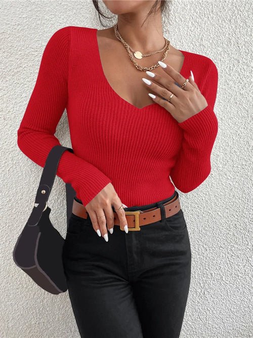 2025 Autumn Winter Women Solid Rib Knit V Neck Stripe Pull Sweater - H&A Outlet