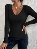 2025 Autumn Winter Women Solid Rib Knit V Neck Stripe Pull Sweater - H&A Outlet