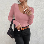 2025 Autumn Winter Women Solid Rib Knit V Neck Stripe Pull Sweater - H&A Outlet