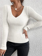 2025 Autumn Winter Women Solid Rib Knit V Neck Stripe Pull Sweater - H&A Outlet