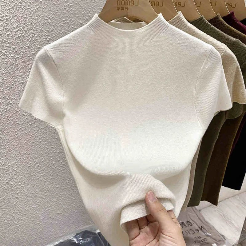 2025 Pullover Sweater Basic Layering Piece Thin Pullover Women Female Knitted Sweater Slim Short Sleeve Bodycon Sweater - H&A Outlet