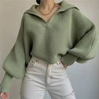 2025 Women Sweaters Lantern Sleeve Turn - Down Collar Loungewear Pullovers fall Winter Loose Fit Solid Streetwear long sleeve tops - H&A Outlet