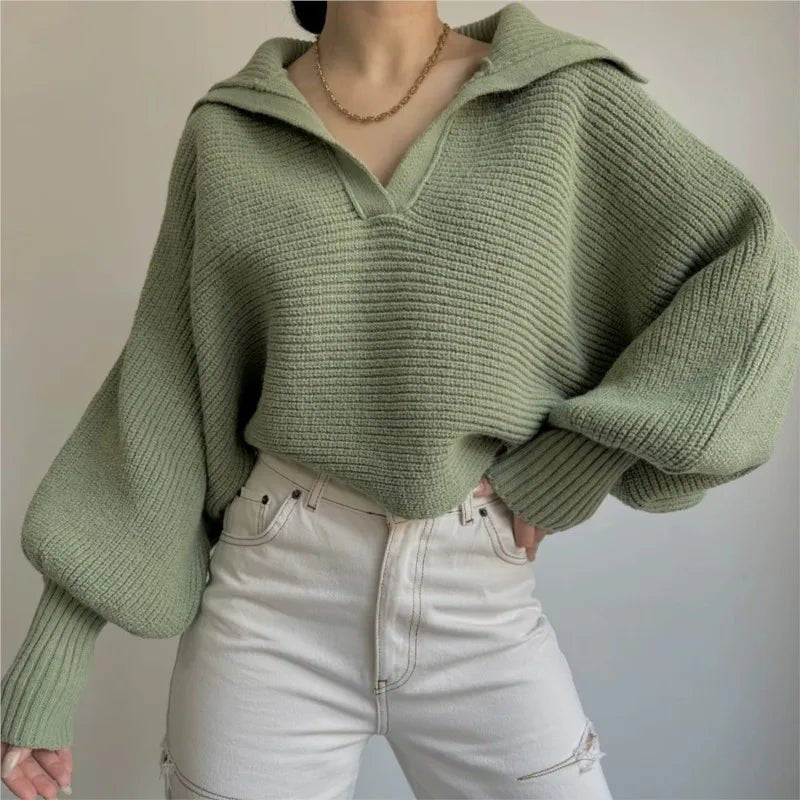 2025 Women Sweaters Lantern Sleeve Turn - Down Collar Loungewear Pullovers fall Winter Loose Fit Solid Streetwear long sleeve tops - H&A Outlet