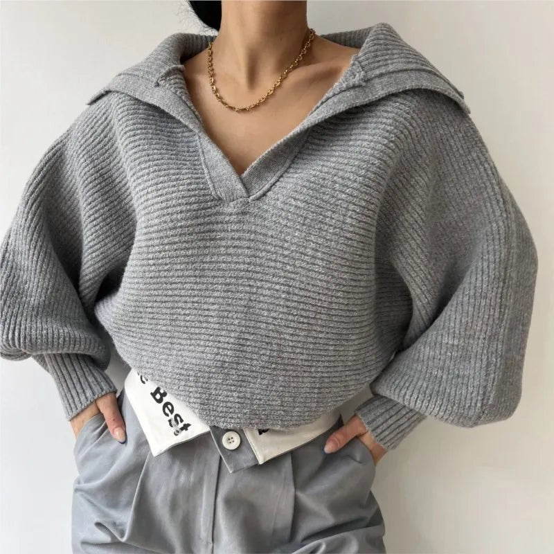 2025 Women Sweaters Lantern Sleeve Turn - Down Collar Loungewear Pullovers fall Winter Loose Fit Solid Streetwear long sleeve tops - H&A Outlet