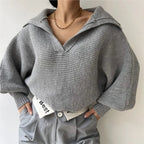 2025 Women Sweaters Lantern Sleeve Turn - Down Collar Loungewear Pullovers fall Winter Loose Fit Solid Streetwear long sleeve tops - H&A Outlet