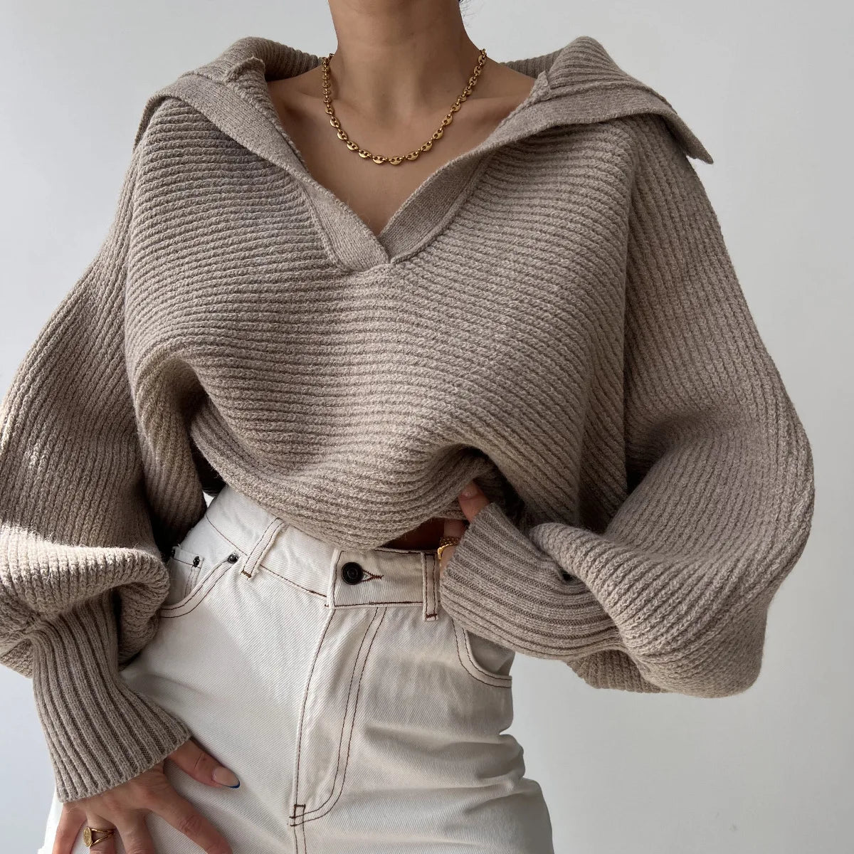 2025 Women Sweaters Lantern Sleeve Turn - Down Collar Loungewear Pullovers fall Winter Loose Fit Solid Streetwear long sleeve tops - H&A Outlet