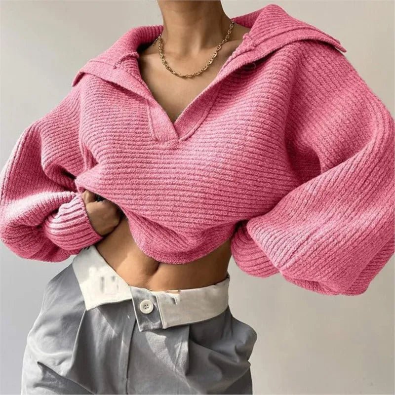 2025 Women Sweaters Lantern Sleeve Turn - Down Collar Loungewear Pullovers fall Winter Loose Fit Solid Streetwear long sleeve tops - H&A Outlet