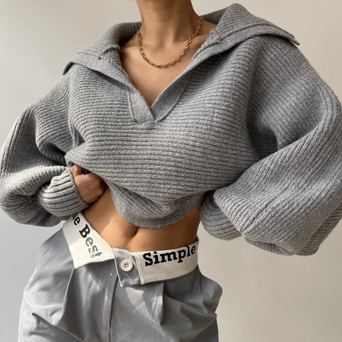 2025 Women Sweaters Lantern Sleeve Turn - Down Collar Loungewear Pullovers fall Winter Loose Fit Solid Streetwear long sleeve tops - H&A Outlet