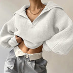 2025 Women Sweaters Lantern Sleeve Turn - Down Collar Loungewear Pullovers fall Winter Loose Fit Solid Streetwear long sleeve tops - H&A Outlet