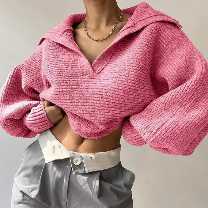 2025 Women Sweaters Lantern Sleeve Turn - Down Collar Loungewear Pullovers fall Winter Loose Fit Solid Streetwear long sleeve tops - H&A Outlet