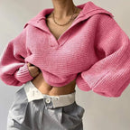 2025 Women Sweaters Lantern Sleeve Turn - Down Collar Loungewear Pullovers fall Winter Loose Fit Solid Streetwear long sleeve tops - H&A Outlet