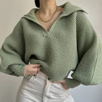 2025 Women Sweaters Lantern Sleeve Turn - Down Collar Loungewear Pullovers fall Winter Loose Fit Solid Streetwear long sleeve tops - H&A Outlet