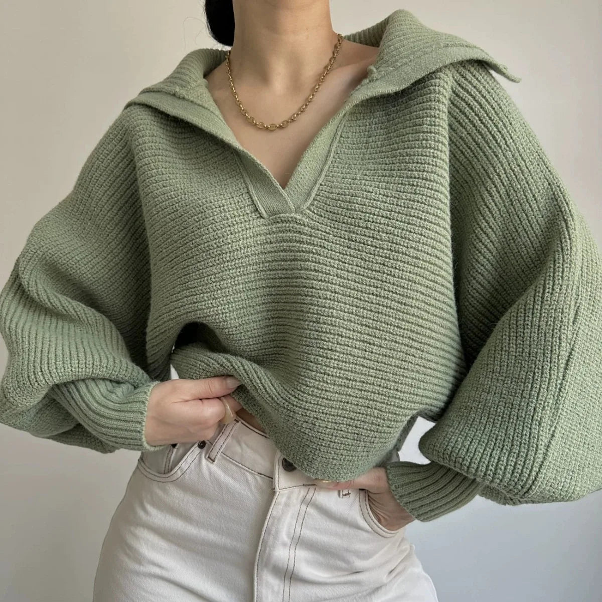 2025 Women Sweaters Lantern Sleeve Turn - Down Collar Loungewear Pullovers fall Winter Loose Fit Solid Streetwear long sleeve tops - H&A Outlet
