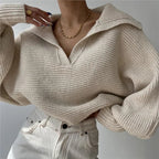 2025 Women Sweaters Lantern Sleeve Turn - Down Collar Loungewear Pullovers fall Winter Loose Fit Solid Streetwear long sleeve tops - H&A Outlet