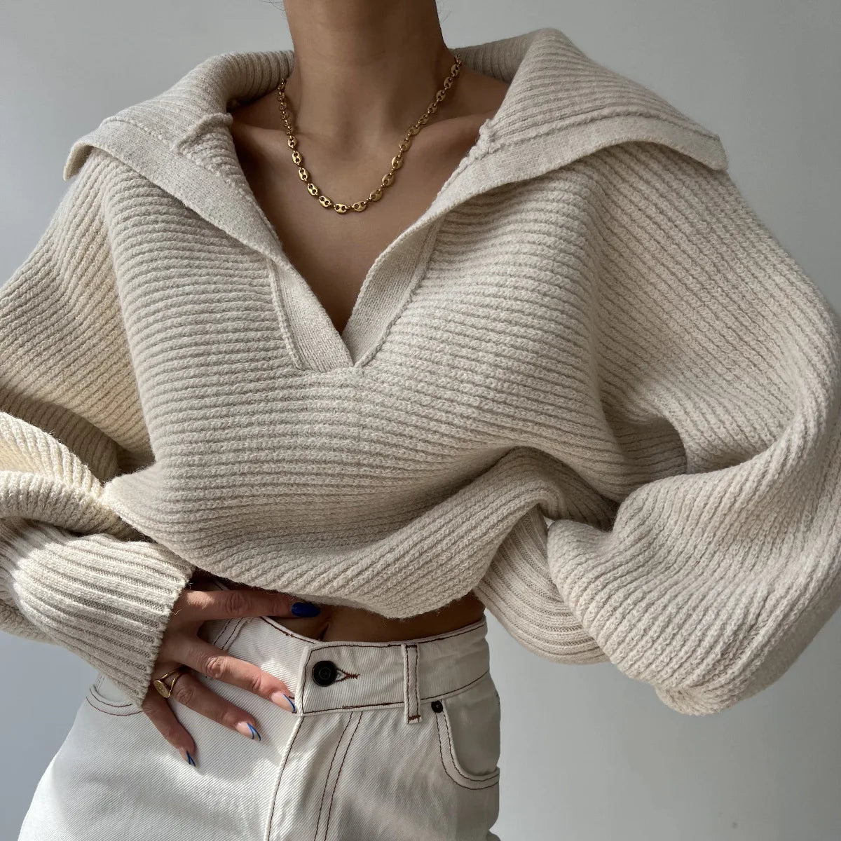 2025 Women Sweaters Lantern Sleeve Turn - Down Collar Loungewear Pullovers fall Winter Loose Fit Solid Streetwear long sleeve tops - H&A Outlet