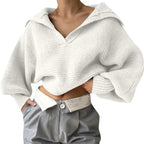 2025 Women Sweaters Lantern Sleeve Turn - Down Collar Loungewear Pullovers fall Winter Loose Fit Solid Streetwear long sleeve tops - H&A Outlet