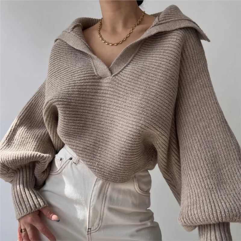 2025 Women Sweaters Lantern Sleeve Turn - Down Collar Loungewear Pullovers fall Winter Loose Fit Solid Streetwear long sleeve tops - H&A Outlet