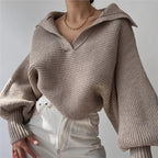 2025 Women Sweaters Lantern Sleeve Turn - Down Collar Loungewear Pullovers fall Winter Loose Fit Solid Streetwear long sleeve tops - H&A Outlet