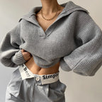 2025 Women Sweaters Lantern Sleeve Turn - Down Collar Loungewear Pullovers fall Winter Loose Fit Solid Streetwear long sleeve tops - H&A Outlet