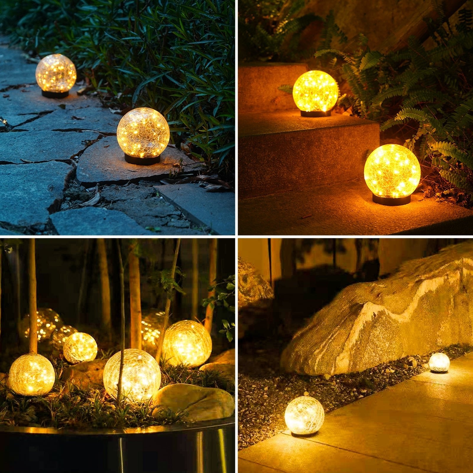 2Pcs Solar Lights Outdoor Garden Decor Cracked Glass Ball Warm Lights - H&A Outlet