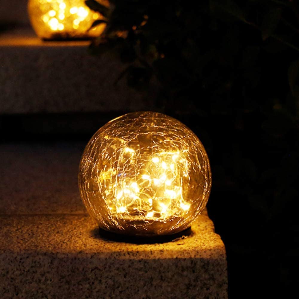 2Pcs Solar Lights Outdoor Garden Decor Cracked Glass Ball Warm Lights - H&A Outlet
