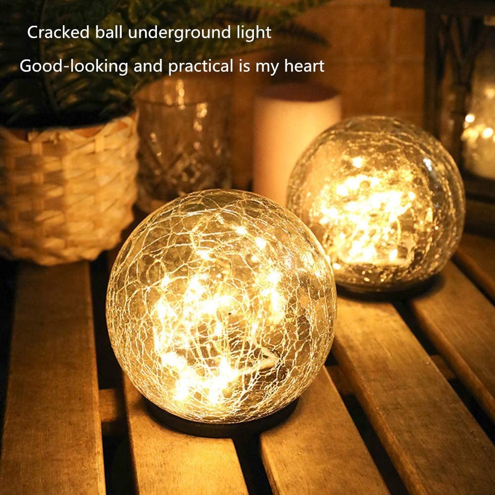 2Pcs Solar Lights Outdoor Garden Decor Cracked Glass Ball Warm Lights - H&A Outlet