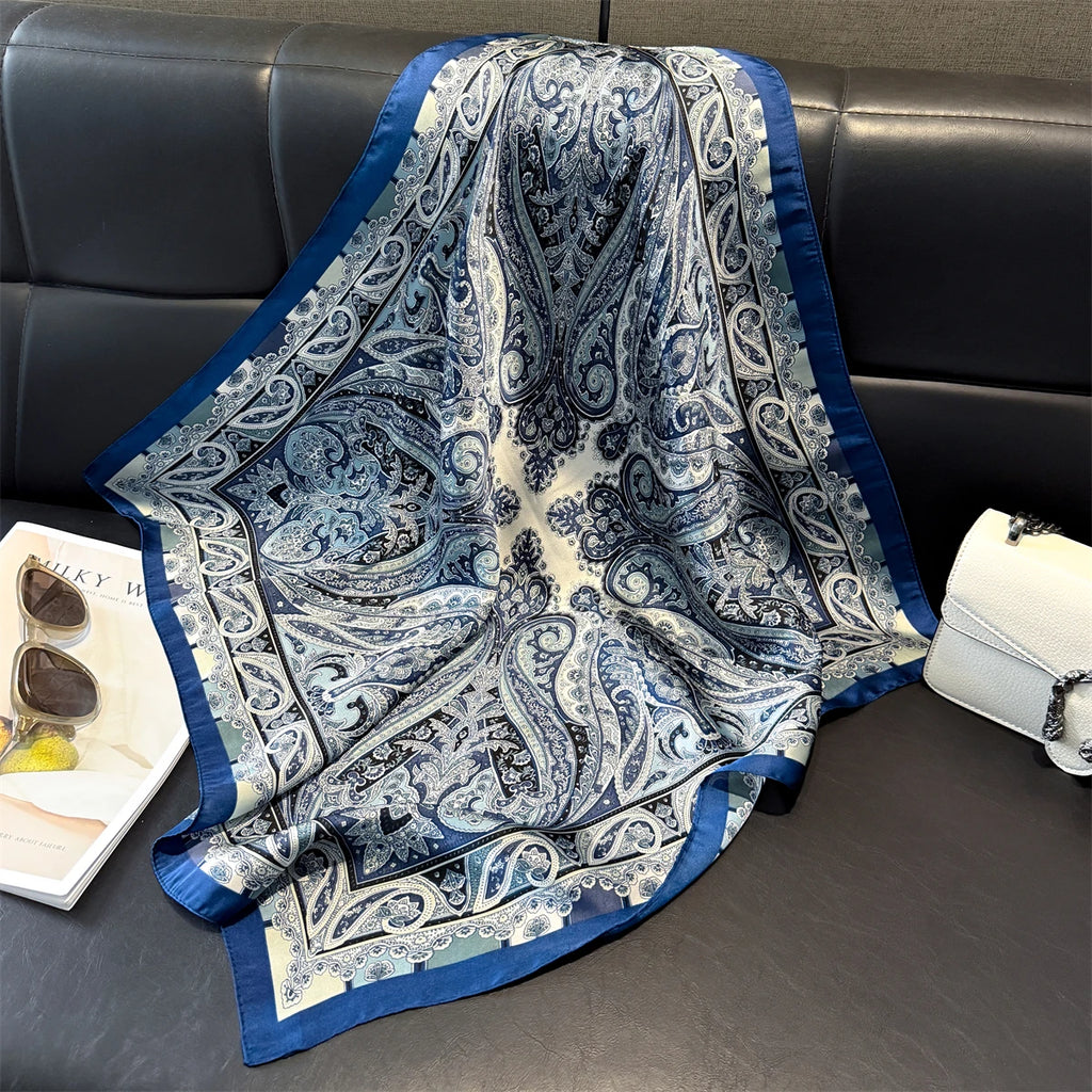 70cm Pink Floral Silk Scarf for Women Simulated Silk Fresh and Elegant Versatile Headwear Clothing Bags and Square Scarf