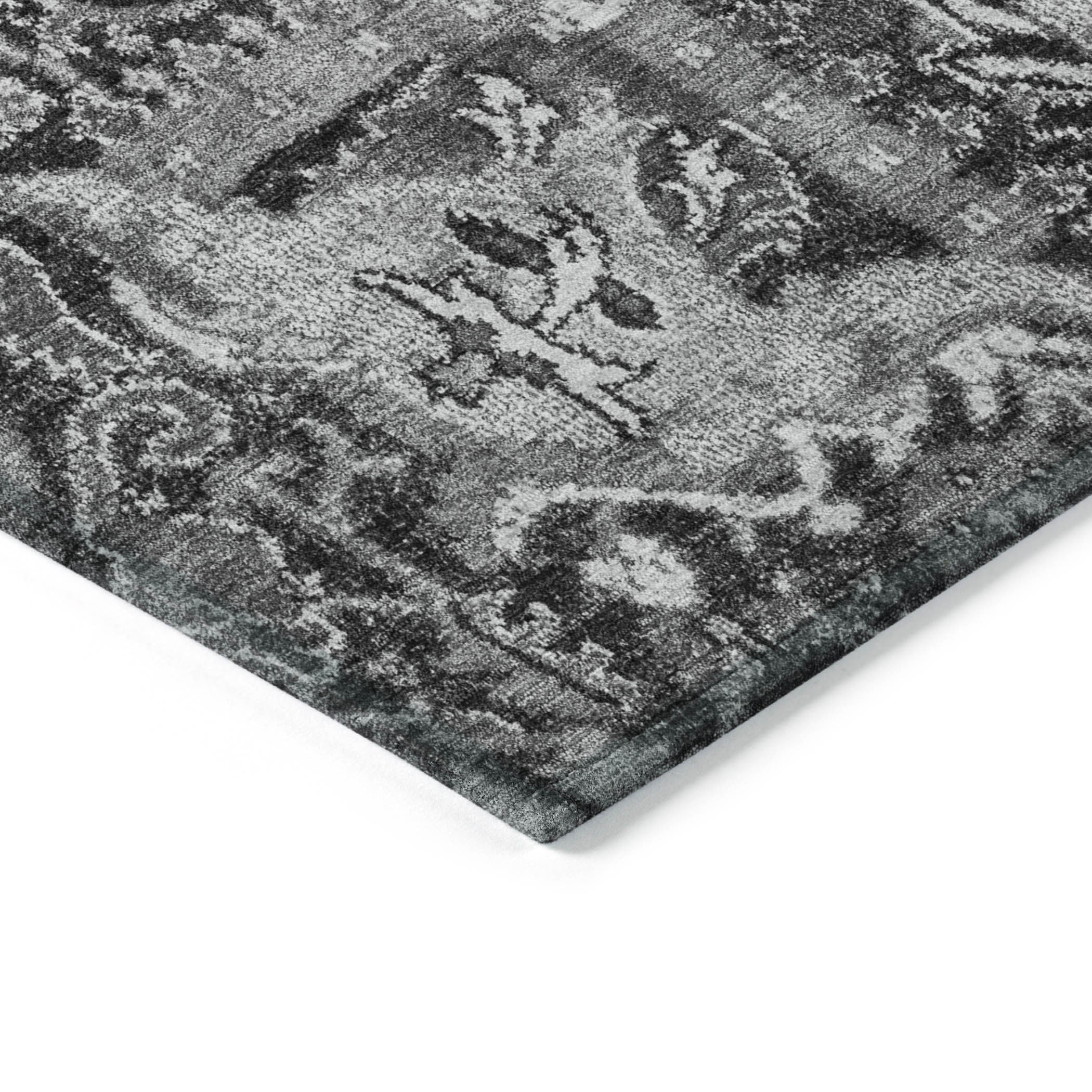 8' Gray And Ash Gray Round Damask Washable Indoor Outdoor Area Rug