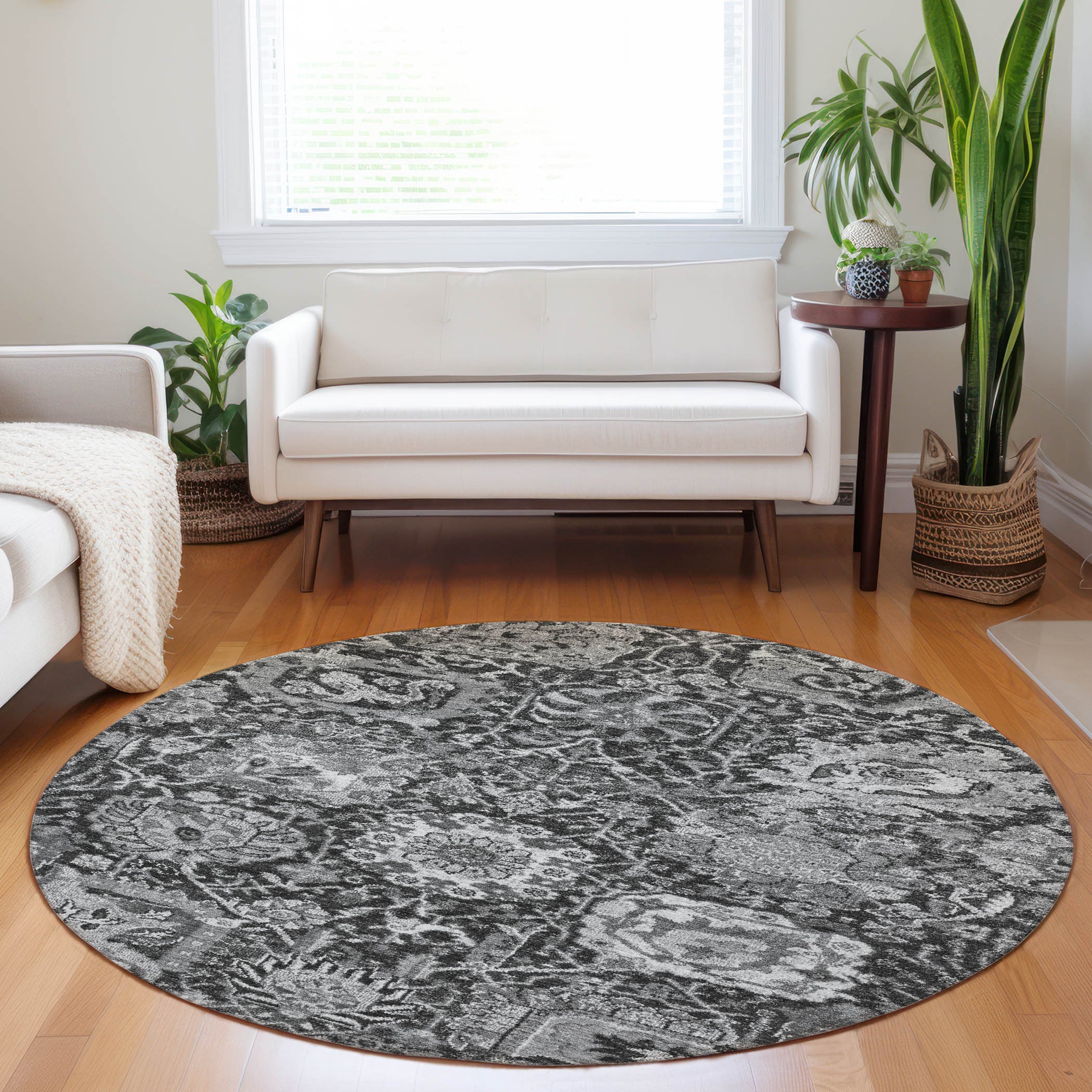 8' Gray And Ash Gray Round Damask Washable Indoor Outdoor Area Rug