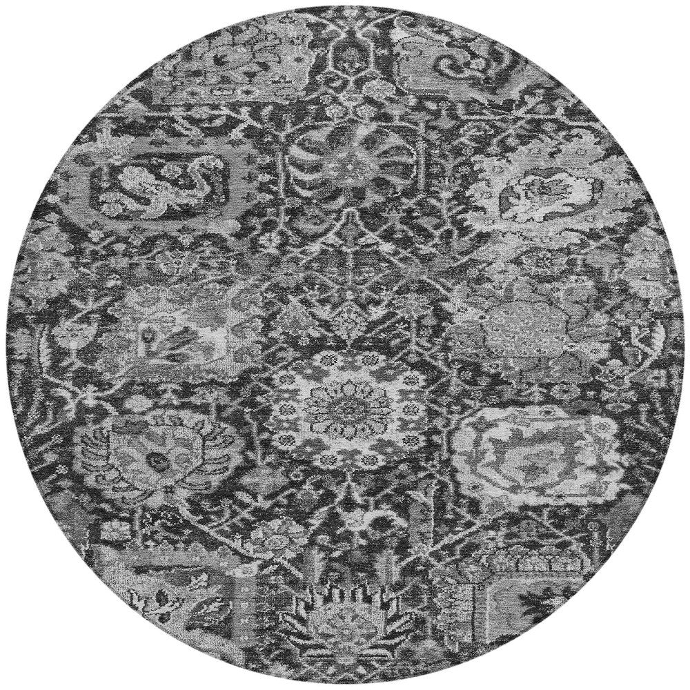 8' Gray And Ash Gray Round Damask Washable Indoor Outdoor Area Rug