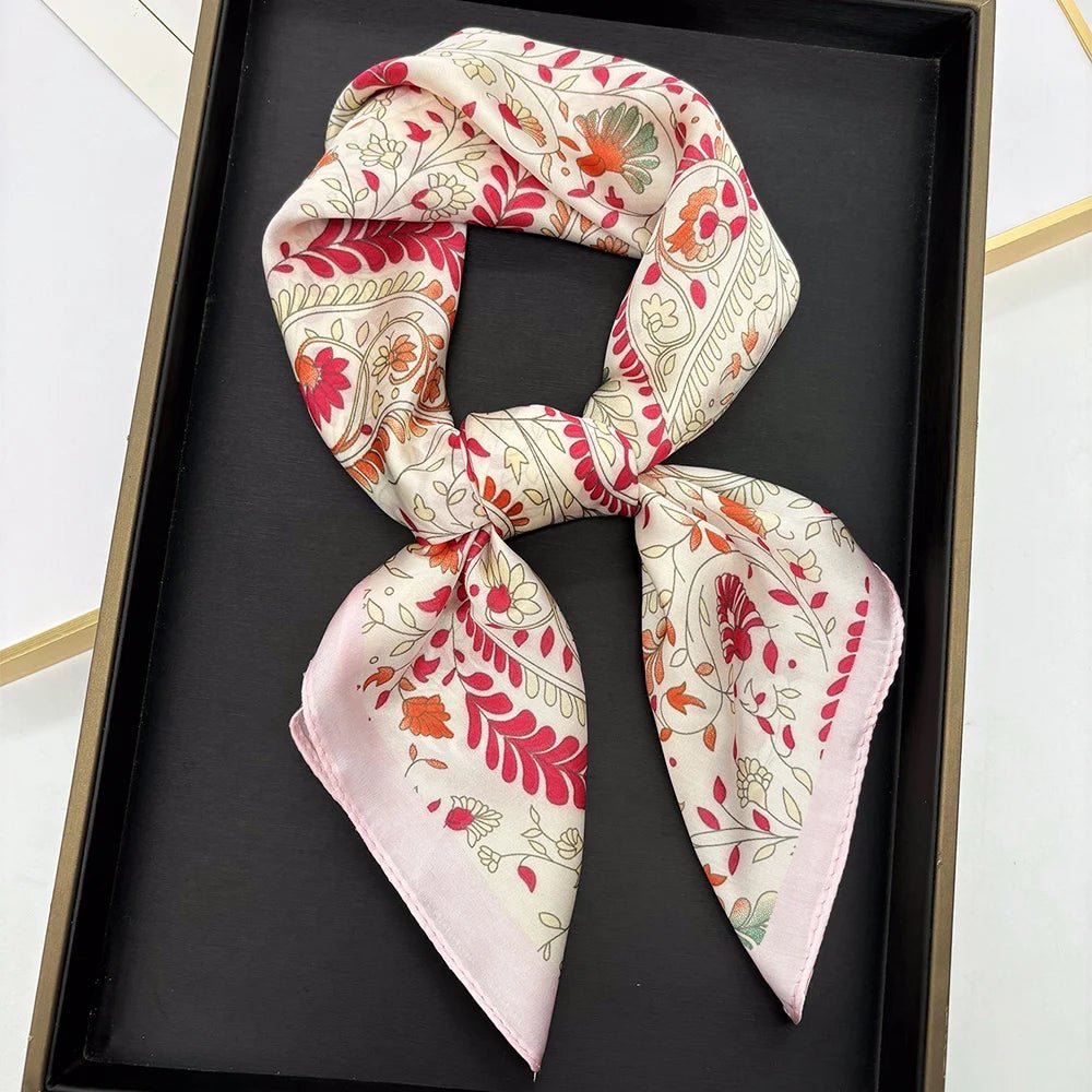 70cm Pink Floral Silk Scarf for Women Simulated Silk Fresh and Elegant Versatile Headwear Clothing Bags and Square Scarf - H&A Outlet