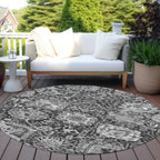 8' Gray And Ash Gray Round Damask Washable Indoor Outdoor Area Rug - H&A Outlet