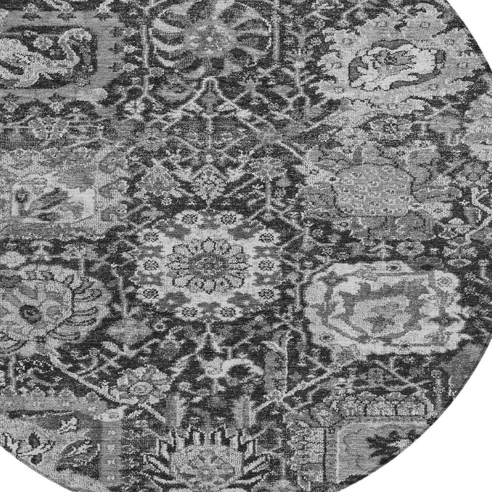 8' Gray And Ash Gray Round Damask Washable Indoor Outdoor Area Rug - H&A Outlet
