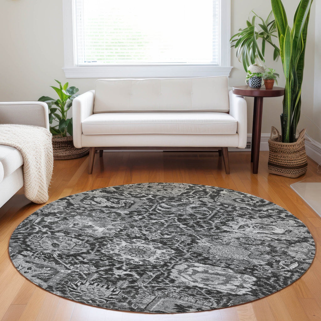8' Gray And Ash Gray Round Damask Washable Indoor Outdoor Area Rug - H&A Outlet