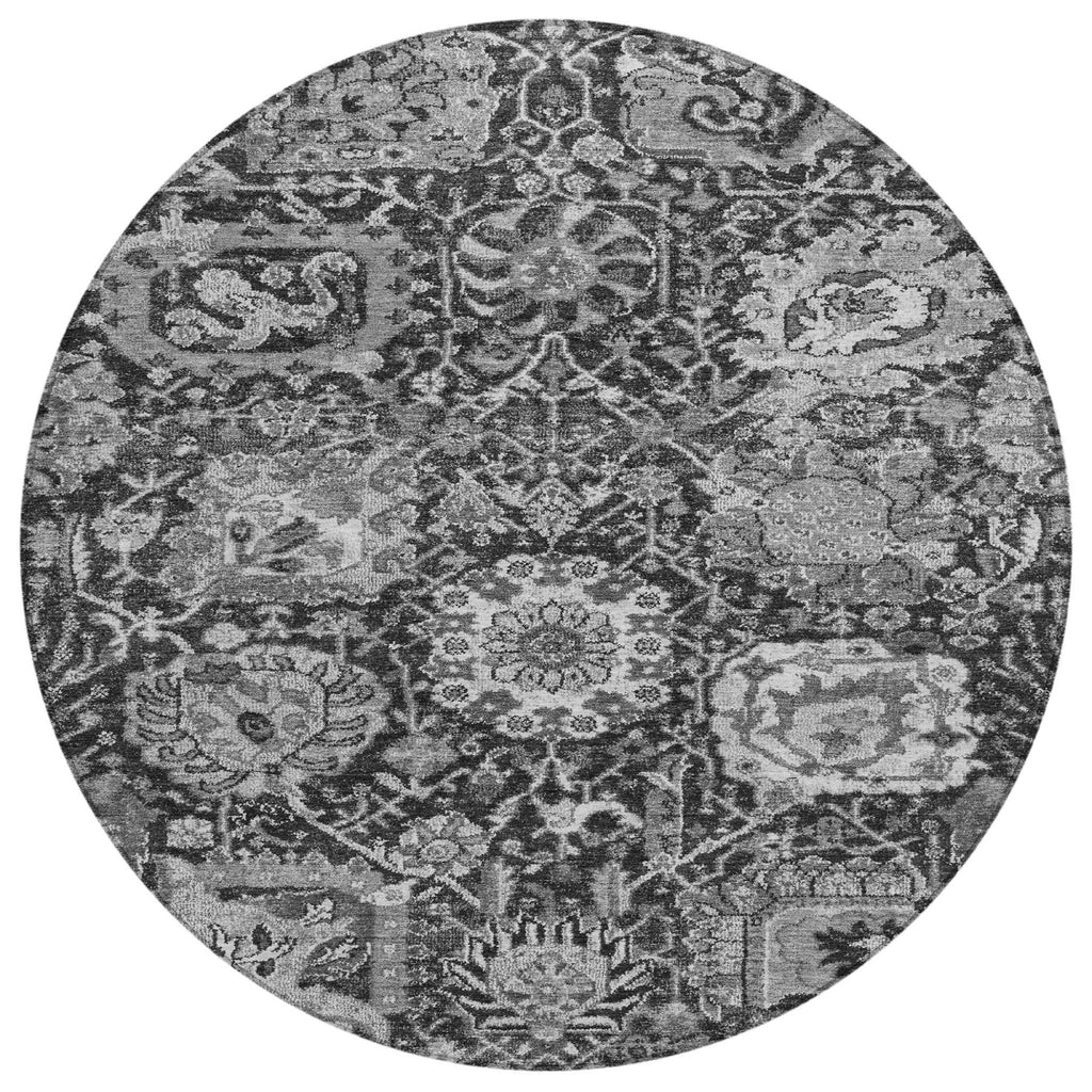 8' Gray And Ash Gray Round Damask Washable Indoor Outdoor Area Rug - H&A Outlet