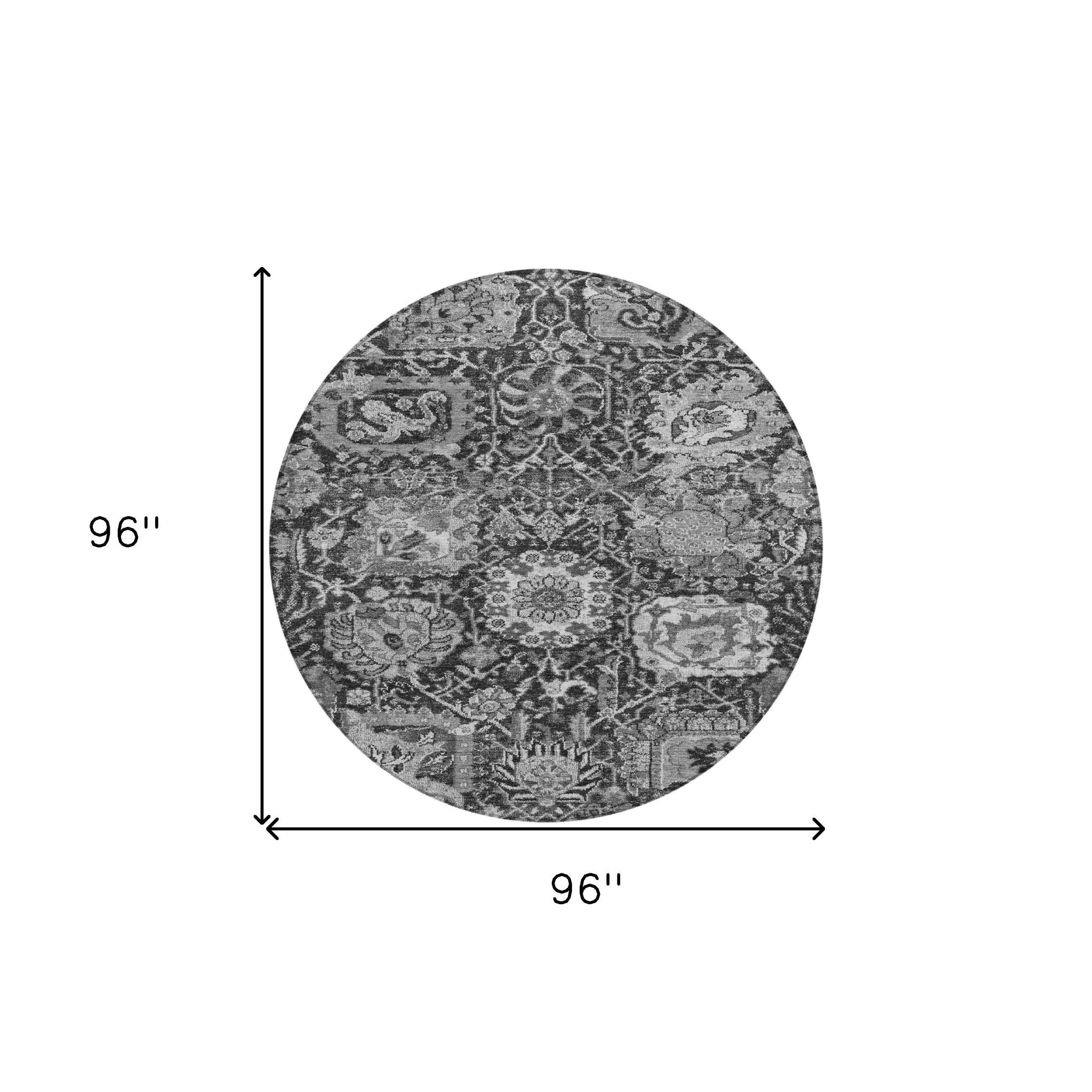 8' Gray And Ash Gray Round Damask Washable Indoor Outdoor Area Rug - H&A Outlet