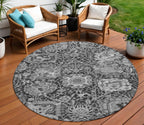 8' Gray And Ash Gray Round Damask Washable Indoor Outdoor Area Rug - H&A Outlet